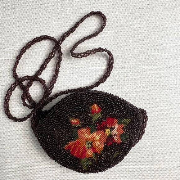 Vintage Beaded and Needlepoint Crossbody Coin Purse with Floral Design & Beaded - Picture 1 of 8